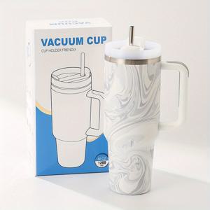 TEMU 42oz 스테인리스 스틸 보온 보냉 물병 뚜껑 & 빨대 포함 – 파스텔 대리석 디자인, 흰색 패턴, 연한 파랑 & 핑크 손잡이 – 캠핑, 하이킹, 여행용 휴대성 및 내구성 – 완벽한 선물 아이디어, 캠핑 액세서리|트래블보틀