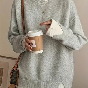 TEMU 여성용 캐주얼 컬러블록 라운드넥 풀오버 스웨터 - 컨트라스트 트림, 롱 슬리브 편안핏 가을 겨울 패션 탑, 매일 입기 좋은 리브드 엣지 디테일 세탁 가능 귀여운 니트