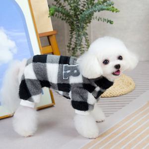 TEMU 겨울철 소형견용 펫 코트 - 체크 무늬 디자인, 따뜻한 플리스, 착탈 간편