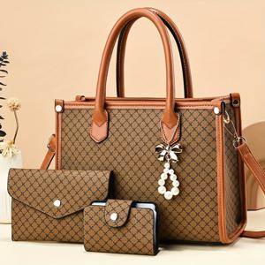 TEMU 3pcs 세트 우아한 핸드백 세트, 큰 용량 토트 백, 어깨 스트랩, 지퍼 클로저, 폴리에스터 안감, 페인트 엣지, 패션 그리드 패턴, 동전 지갑 및 카드 홀더 포함 - 블랙/카키/지구 노란색