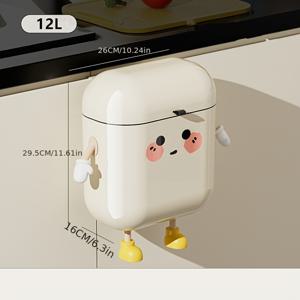 TEMU 귀여운 만화 디자인 매달 수 있는 주방 쓰레기통 9L - 벽걸이, 뚜껑이 있는 대용량 쓰레기통 (주방/욕실용), 냄새 밀봉, 방수, 내구성 있는 플라스틱, 직사각형, 전기 불필요|쓰레기통