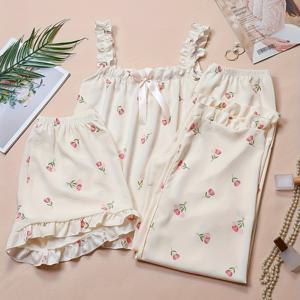 TEMU 3pcs 여성용 오프숄더 플로럴 란제리 세트 - 섹시한 러플 트림 캐미 탑, 반바지 & 코르셋, 보우 디테일, 올 시즌 착용, 성인 패션, 플로럴 패턴, 란제리 세