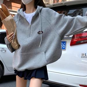 TEMU 우아한 여성용 지퍼업 스탠드 칼라 스웨트셔츠 - 캐주얼 그래픽 프린트, 가을 & 겨울용 루즈핏, 세탁기 사용 가능