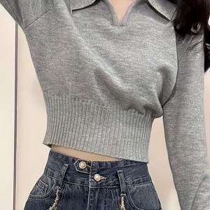 TEMU 여성용 스탠드업 칼라 & 허리 집게 디자인 그레이 스웨터 - 슬림핏 긴팔 레이어링 탑, 가을 겨울 일본 한국 패션 스타일, 귀여운 스웨터, 윈터 컴포트 의류, 독특한 미니멀 톱
