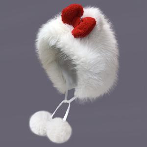 TEMU 레드 보우가 달린 포근한 플러시 고양이 귀 비니 - 여성용 따뜻하고 방풍 겨울 모자 | 세탁기 사용 가능한 폴리에스터