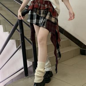 TEMU 빈티지 영국 컬러 블록된 체크 무늬 불규칙한 밑단 스커트, Y2K 레이어드 케이크 비대칭 스커트, 어두운 스트리트웨어 스타일.