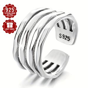 TEMU 총 무게 5.2g 1개 여성용 패션 와이드 페이스 링 925 순은 레트로 심플 불규칙 다층 조절 링 일상 활동에 적합