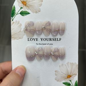 TEMU 10개 수제 프레스온 네일, 짧은 오벌 퍼플 캣 아이 디자인과 꽃무늬 & 진주 마감 – 시크한 룩을 위한 우아한 프렌치 팁 인조 네일, 수제 네일|네일팁