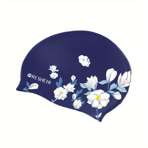 TEMU 광택이 있는 여성용 실리콘 수영 모자 - 대형, 내구성 및 편안함, 긴 머리용, 파란색 꽃무늬 디자인, 성인 수영 선수에게 적합한 수영 액세서리