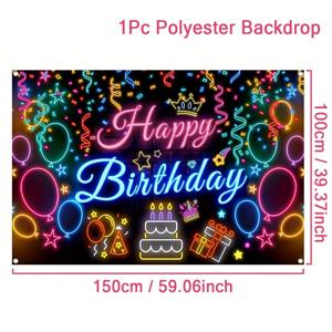 TEMU 1Pc 네온 글로우 생일 배너, 폴리에스터 파티 장식 배경, 생생한 풍선 및 네온 조명 디자인, 생일 축하, 결혼식 및 신부 샤워에 이상적 – 전원이 필요 없는 축제 장식