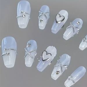 TEMU 10PCS 발레 관형 가짜 손톱, 중간 길이 프레스-온 네일 폼, 광택 있는 파란색 그라데이션 및 하트 디자인, 스타일리시한 룩을 위한 수제 스틱-온 매니큐어 세트 - 우아한 아이스 블루 진주 마감|네일|매니큐어