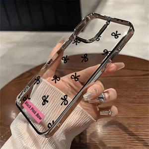 TEMU 아이폰16pro/iphone15plus/iphone14/iphone13/iphone12/iphone11용 한국 스타일 블랙 작은 리본 유니버설 모바일 폰 케이스, 투명 은색 테두리, 특별한 크리스마스 선물
