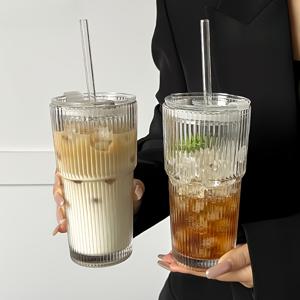 TEMU 대형 리브드 유리 텀블러 (1/2 세트) - 600ml - 기계 세척 가능, 재사용 가능, 다목적