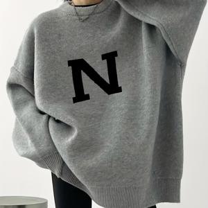 TEMU 레터 패턴 크루 넥 스웨터, 가을과 겨울을 위한 캐주얼 롱 슬리브 스웨터, 여성 의류