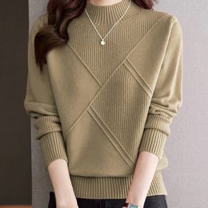 TEMU 여성용 하프하이넥 케이블 스웨터 - 두꺼운 겨울용 따뜻한 풀오버, 대비 트림, 올리브 그린 캐주얼 시크 긴팔 탑, 레이어링용, 손세탁 전용, 가을 옷장, 우아한 풀오버, 중간 신축성