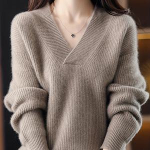 TEMU 여성용 소프트 두꺼운 V넥 스웨터 - 가을 겨울용 편안한 루즈핏 긴팔 풀오버, 단색 우아한 탑, 손세탁 전용, 캐주얼 시크 착용감, 리브 텍스처, 원단