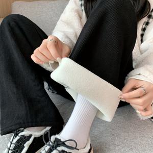 TEMU 가을/겨울 캐주얼 와이드 레그 니트 원단 바지, 드로스트링 허리, 폴리에스터, 약간의 스트레치, , 롱 길이, 벨트, 주말 캐주얼, 루즈핏, 성인, 450 g/m² 원단 무게, 450 g/m² 안감 무게, 엘라스테인 안감