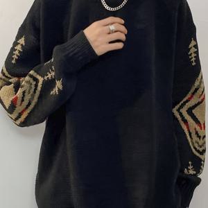 TEMU 남성용 슬림핏 기하학적 크로스 패턴 니트 스웨터 - 블랙 베이지/레드 악센트, 라운드넥 긴팔 풀오버, 봄 & 가을 캐주얼 아웃도어 & 파티웨어, 편안한 니트웨어