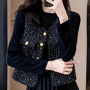 TEMU 여성용 우아한 트위드 스타일의 소매 없는 조끼 - 황금색 버튼으로 장식된 멋진 버튼 업, 블랙 앤 화이트 컬러 스키마, 가을 패션에 완벽한 캐주얼 조끼|우아한 디자인|폴리에스터 소재