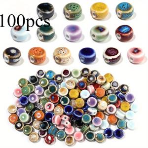 TEMU 100개 세라믹 전기 가마 소성 유약 얼룩 납작한 둥근 구슬, DIY 단색 구슬 팔찌 목걸이 보석 액세서리, 미술 공예 및 재봉 용품