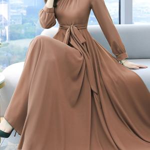 TEMU 우아한 여성용 긴팔 A라인 허리 조임 비치 드레스 - 무릎 길이 솔리드 컬러, 봄/가을용 라운드 넥 비침 방지 핸드워시 전용, 가벼운 원단, 스타일리시 여성용