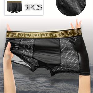 TEMU 남성용 3pcs 럭셔리 블랙 & 골든 메시 박서 브리프 - 통기성, 신축성, 편안한 트렁크, 캐주얼한 속옷, 우아한 패턴, 폴리에스터 소재, 통기성 트렁크 | 우아한 속옷 | 편안한 핏