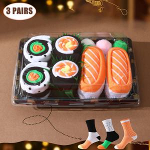 TEMU 소설, 독특하고 귀여운 컬러풀 스시 패턴이 있는 여성용 중간 종아리 양말 3켤레, 고품질 창의적인 선물 상자, 편안하고 통기성 좋음, 발렌타인데이, 부활절, 어머니날에 적합, 친구와 가족에게 선물하기, 캐주얼, 일상, 파티, 여행, 패셔너블하고 트렌디한 양말, 남성용 및 여성용 양말, 새 봄과 여름, 사계절, 기발한 양말