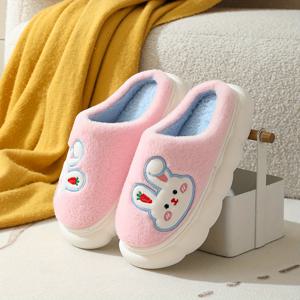TEMU 여성용 귀여운 토끼 디자인 겨울 슬리퍼 - 두꺼운 플리스 안감, 따뜻한 플러시 밑창 실내화, 핑크 & 연청색 만화 패턴, 일본 한국 스타일 홈 슈즈, 포근한 플리스 안감
