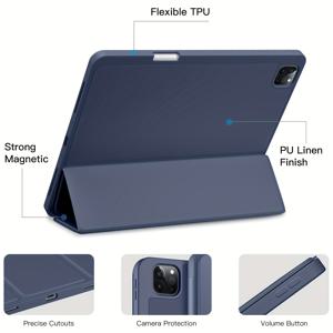 TEMU 접이식 TPU 소프트 백 커버 for ipad Pro 12.9, 조절 가능한 스탠드가 있는 보호 케이스, 경량, 미끄럼 방지, 지문 방지, for iPad 12.9 Pro /2021/2020/2018과 호환, 펜슬 2 충전 지원, 블루 그레이 - 홀더 포함