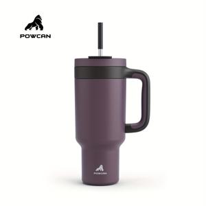 TEMU POWCAN 40oz 보온 스테인리스 텀블러 손잡이 포함, 누수 방지 여행용 머그컵, 빨대 & 마시기 뚜껑, 식기세척기 사용 가능, 음료를 34시간 동안 차갑게 유지, 차량 컵 홀더에 맞음 - 다크 퍼플|텀블러