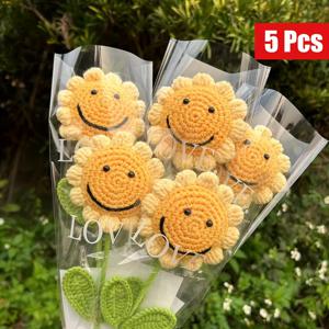 TEMU 5개 인공 손수 짠 꽃束 - 완성된 손수 짠 꽃束 완성 - 보존된 꽃 선생님의 날 선물 니트 꽃 - 어머니의 날 선물