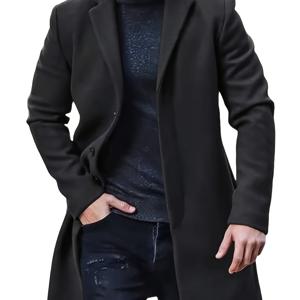 TEMU 남성용 캐주얼 미디 길이 블렌드 코트, 폴리에스테르 안감, 스트레치되지 않는 소재, 단색, 긴 소매, 슬릿 헴, 싱글 브레스트 플랙, 라펠 칼라, 가을/겨울 컬렉션용