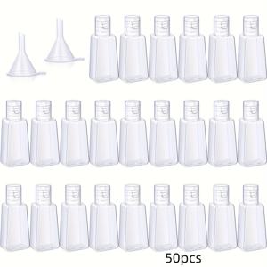 TEMU 50개 1oz/30ml 플립캡 플라스틱 빈병, 정사각형 모양, 액체, 크림, 샴푸, 세면도구용 리필 가능한 스퀴즈 병, 2개의 이송 깔때기 포함, 손세척전용 가능, 무향, 개인 관리 및 뷰티 액세서리