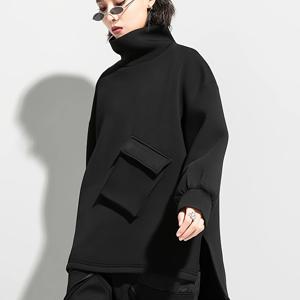 TEMU 여성용 더블 레이어 에어 쿠션 후드티 - 겨울용 따뜻한 하이넥 풀오버 포켓, 루즈핏 한국-일본 스트리트웨어 스타일, 플러스 사이즈 블랙 캐주얼 스웨트셔츠 (세탁기 사용 가능)