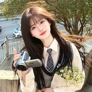 TEMU 여성용 트랜스포메이티브, 시크한 롱 가발 에어 뱅스 포함 - 자연스러운 룩, 열에 강한 합성 머리카락, 일상 및 코스프레에 완벽|코스프레