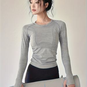 TEMU 봄가을 패션 여성 요가 스포츠 탑, 누드 슬림핏 긴팔, 방풍 보온 핑거리스 소매, 라운드넥 밴딩, 고탄력 허리 조임, 러닝·사이클링·스튜디오 운동·캐주얼·이브닝 데이트·데일리웨어에 적합, 완벽한 발렌타인데이 선물|요가복