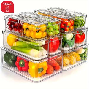 TEMU 7/14pcs BPA-Free 클리어 플라스틱 냉장고 정리함 - 스택 가능한 과일 및 채소 저장용기, 식품 및 음료 정리용