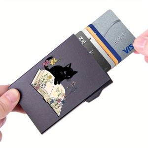 TEMU 1-6 카드 슬림 블랙 알루미늄 RFID 차단 지갑, 도난 방지 팝업 디자인, 고양이 & 독서 프린트 - 남녀 공용 완벽한 선물