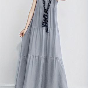 TEMU 아시아풍 폴리에스터-레이온 블렌드 슬리브리스 맥시 드레스 - 크루 넥, 우아한 러플 디테일이 있는 단색, 여성을 위한 캐주얼 루즈핏 여름 베스티도|인견원피스