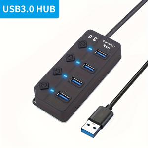 TEMU 4포트 USB 3.0 허브, 울트라 슬림 데이터 USB 허브, 2피트 연장 케이블 포함, MacBook, iMac, Surface Pro, XPS, PC, 플래시 드라이브, 모바일 HDD용, 전원 공급 장치 미포함|태블릿PC