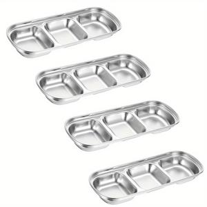 TEMU 4pcs 스테인리스 스틸 3구 소스 접시, 한국식 구분된 간장 트레이, 바베큐 식초 스파이스 케첩 소금 설탕 조미료 접시, 가정, 식당, 야외 사용용 접시 세트 1 세트