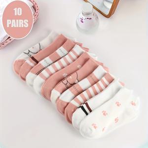TEMU 10 켤레 만화 고양이 패턴 스포츠 양말, 귀엽고 편안하며 통기성이 좋은 로우 컷 짧은 양말, 여성용 스타킹 및 양말