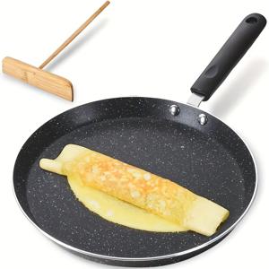 TEMU 1pc 스테인레스 스틸 크레프 팬, 목재 주걱 포함, 10.5 인치 비 스틱 그라닛 코팅 프라이팬, 경량, 부식 방지, 충전 안 함, 오믈렛, 팬케이크, 토르티야, 인덕션 호환 가능