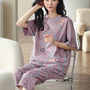 TEMU 여름 신상 여성용 만화 곰 프린트 파자마 세트, 짧은 소매가 있는 보라색 상의와 7/8 바지, 편안한 캐주얼 핏|잠옷|냉장고바지|옷