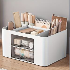 TEMU 1pc ClearView 다기능 책상 정리함, 더블 드로어, PP 재질, 펜, 화장품, 사무용품, 침실, 욕실용 사무실 및 학생용 서적 보관 - 할로윈, 크리스마스 선물, 학교로 돌아가는 필수품에 이상적
