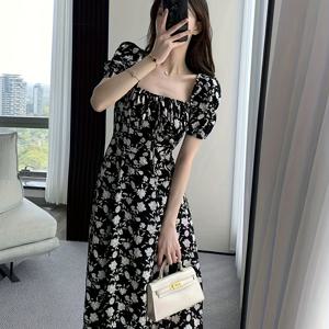 TEMU 여성용 스퀘어 넥 플로랄 프린트 A라인 드레스 - 가벼운 통기성 기계 세탁 가능 블랙 & 화이트 플로럴 드레스, 봄 여름 가을 캐주얼부터 반공식 행사까지, 계절별 워드로브 필수품, 우아한 스타일, 내구성 있는 소재, 패션 애호가를 위한|여름원피스|여성원피스|가을원피스