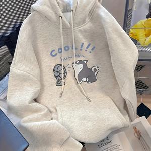 TEMU 1pc 남녀공용 긴팔 후드티, 기하학적 팬 도그 프린트, 캐주얼 폴리에스테르 풀오버 포켓, 한국 스타일 패션, 가을/겨울용 루즈핏 커플 스웨트셔츠