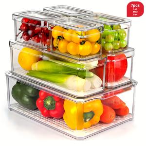 TEMU 7/14pcs THELIFE 폴리에틸렌 테레프탈레이트 플라스틱 직사각형 식품 보관 정리함, 투명, 쌓을 수 있는, 뚜껑이 있는, 개 식품 보관, 야채, 간식 및 음료, 냉장고 정리함|냉장고