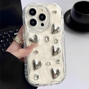 TEMU 크림 곡선 모서리 입체 보석 전기 도금 사랑 방지 낙하 보호 커버 휴대폰 케이스, Iphone 11 12 13 14 15 16Pro Promax 시리즈 휴대폰 케이스에 적합합니다.