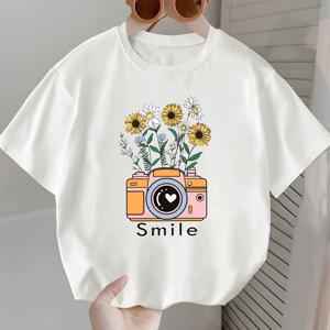 TEMU 여아용 여름 꽃무늬 카메라 프린트 티셔츠 - 편안한 스트레치 크루 넥 반팔 탑, 놀이 및 캐주얼 착용에 완벽, 여아 셔츠